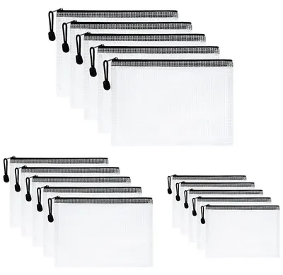 Immagine prodotto di Custodie per documenti formato A3, A4, A5, in rete e plastica, con chiusura a zip, confezione da 15 pezzi, colore nero e bianco
