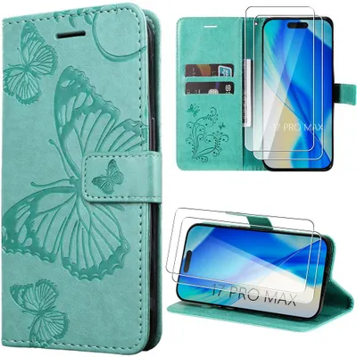 Image de Coque + 2 Verres Trempés pour iPhone 17 Pro Max, Protection Antichoc Cuir Synthétique Vert Motif Papillon