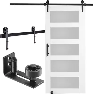 Image de SucceBuy Ensemble de portes coulissantes en bois et en verre 42" x 84", panneau en épicéa, verre dépoli, guide inférieur 8 en 1, poignée de porte coulissante, pour salon, chambre, cuisine, installation facile