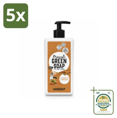 Obrázok produktu pre 5 kusov mydla na ruky "Marcel's Green Soap" s vôňou santalového dreva a kardamomu - 500 ml - balenie