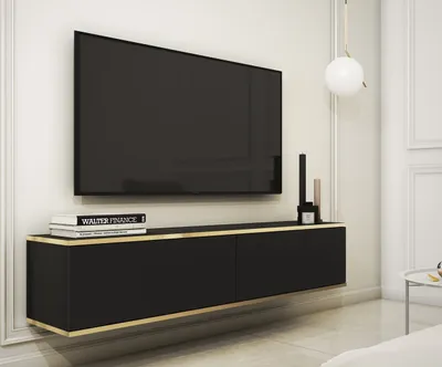 Zdjęcie produktu dla BETTSO Wisząca szafka RTV do salonu półka telewizyjna dwudrzwiowa nowoczesny stolik telewizyjny do salonu ORO 135 cm Gładkie fronty Czarny