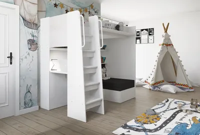 Produktbild von Marlux-Meble Hochbett JSM-7 90x200 TREPPE Links mit Schreibtisch Schränke und Ausklappbares Sofa 70x180 Hochglanz Funktionsbett Etagenbett Stockbett Kinderhochbett Jugendhochbett (Weiß Glanz)