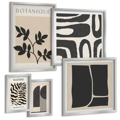 Produktbild von Bilder Set 5-teilig im silbergerahmten Rahmen – Wandbilder 5 Stück – gerahmte Poster für Wohnzimmer, Schlafzimmer und Flur – 50x50 cm - 40x60 cm – Minimalistische Pflanzenposter