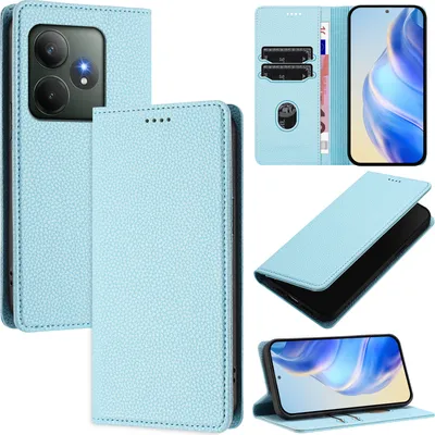 Produktbild von Litchi Leder Handyhülle für Realme GT 6/Realme GT 6T Wallet Kartenfächer Standfunktion Hülle Hellblau