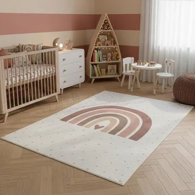 Produktbild von SIMPEX Kinderteppich Regenbogen Spielteppich für Kinderzimmer Herzmotiv fördert Kreativität und Lernen Größe: 80x150 cm , Farbe: Creme-2