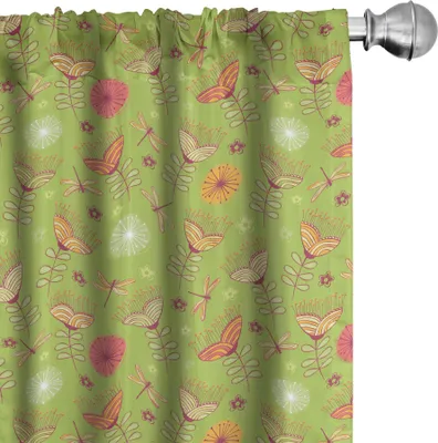 Produktbild von ABAKUHAUS Libelle Vorhänge, Gardinen, Blaubell Blumenmotive Mit Pfingstrose Funky Fashion Boho Retro Kunst Muster Druck, 2 Stück 75 x 245 cm, Grün Rosa