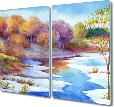 Produktbild von Coloray Hackbrett Kochplattenabdeckung Herdabdeckplatte 2x30x52 cm Schneidebrett Küchenbrett - Aquarell Baum Fluss