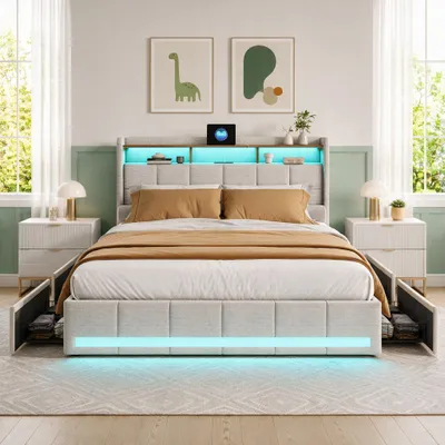 Image de INONEFT Lit tapissier 140x200 cm, lin beige, lit double avec 4 tiroirs et éclairage LED, espace de rangement intégré à la tête de lit avec port USB Type-C, lit fonctionnel pour adolescents avec sommier à lattes