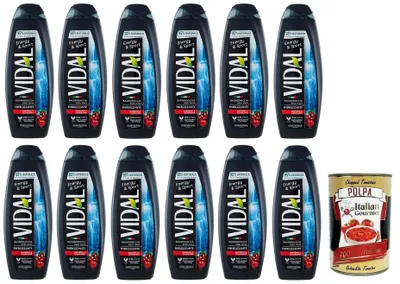 Produktbild von 12x Vidal Energy & Sport Bagnodoccia Duschgel mit Ginseng und Guarana,500ml + Italian Gourmet Polpa di Pomodoro 400g Dose
