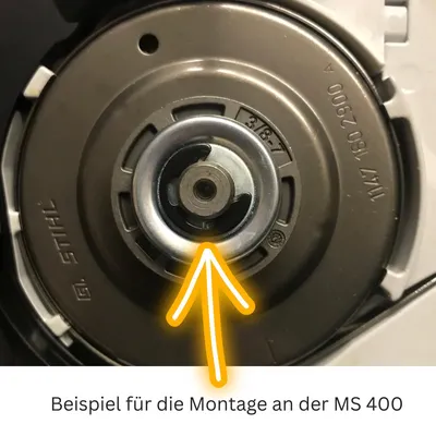 Close-up of a chainsaw part with an arrow pointing to a specific area, and text below indicating it's an example of mounting on an MS 400.