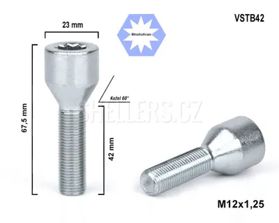Obrázek produktu pro Kolový šroub M12x1,25x42 kužel s vnitřním mnohohranem, VSTB42,  Ø 23mm výška 67,5 mm