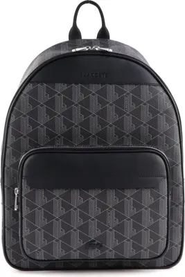 A black and gray Lacoste backpack with a geometric pattern.