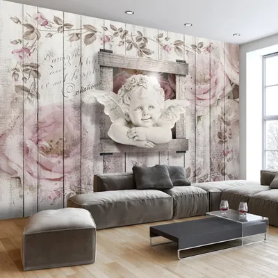 Produktbild von Fototapete selbstklebend Engel 392x280 cm Tapete Wandtapete Wandbilder Klebefolie Dekofolie Tapetenfolie Wand Dekoration Wohnzimmer - Holzoptik Bretter Blumen h-A-0048-a-a