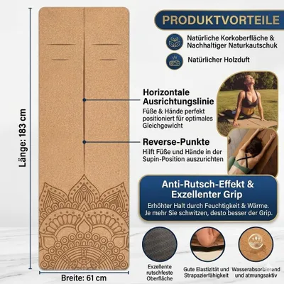 Produktbild von Kork Yogamatte 183x61cm Rutschfest Nachhaltig Fitnessmatte mit Design
