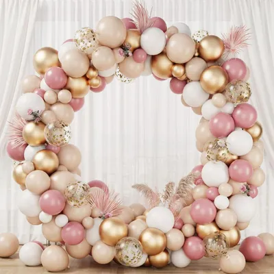 Productafbeelding van Ballonnenboog, roze, goud, wit, 135 stuks, met confetti, voor verjaardag, babyshower, bruiloft