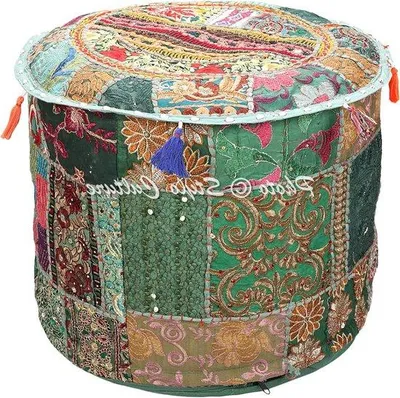 Immagine prodotto di Copri pouf rotondo da 45 cm, verde scuro con bordatura, in cotone