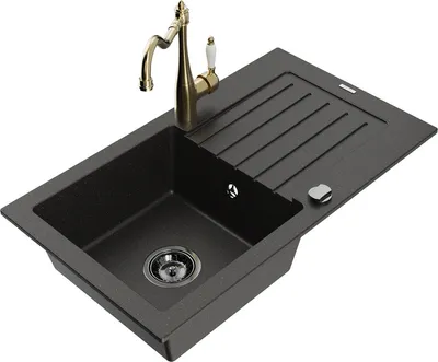 Produktbild von Mexen Pablo 1 Becken-Granitspüle mit Abtropffläche und Mischbatterie Carla, Schwarz/Gold metallisch - 6510-75-670700-50-B