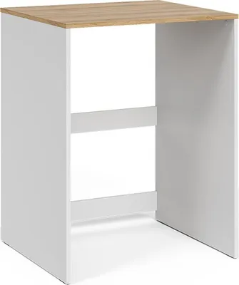 A white and wood-colored washing machine cabinet is shown against a white background.