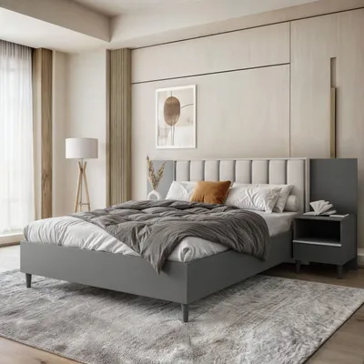 Produktbild von Polsterbett STELLA 160x200cm - Designerbett mit Bettkasten, Lattenrost & zwei Nachttischen - Graphit & Hellbeige (Jasmine 21)