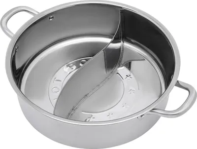 Immagine prodotto di Pentola per hotpot / shabu-shabu - Acciaio inossidabile con divisorio - 32 cm - Coperchio in vetro - Mestolo e schiumarola