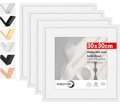 Immagine prodotto di Cornici per foto 30x30 cm, colore bianco, con passepartout per foto 20x20 cm, in legno massello, set da 4