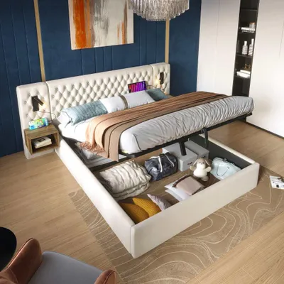 Produktbild von Komplettes Schlafzimmer-Set aus Samt, inklusive Polsterbett, Nachttische, Schubladen, Kopfteil mit Leselicht & USB. Ohne Matratz, 160×200 cm, Beige