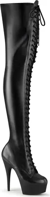 A single black thigh-high boot with a platform and high heel, shown from the side.