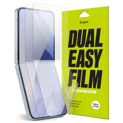 A product shot of a screen protector for a Samsung Galaxy Z Flip 6 phone, next to its packaging.