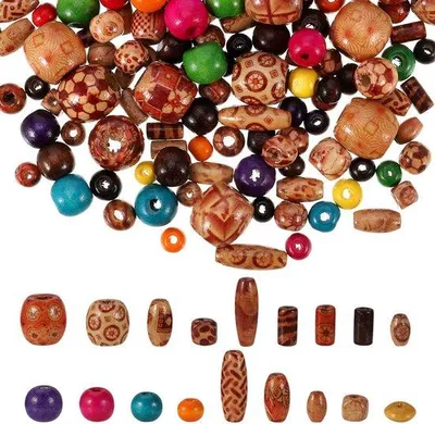 Zdjęcie produktu dla Zestaw drewnianych koralików, 800 sztuk, kolorowe, różne kształty i wzory, biżuteria DIY, projekty rękodzielnicze, naszyjniki i bransoletki