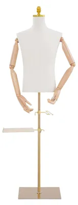 Zdjęcie produktu dla Busta męska, tors – manekin do ekspozycji, część górna – regulowana wysokość 70–130 cm – szerokość ramion 45 cm – maksymalne obciążenie 30 kg – wygląd imitujący drewno, podstawa z żeliwa