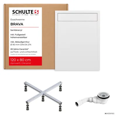 Produktbild von Schulte Duschwanne Brava 120x80 cm, Sanitäracryl Weiß, Set mit Fußgestell + Ablauf, Höhe 13 - 18 cm