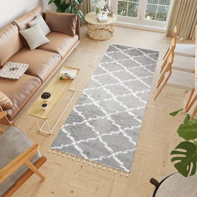 Obrázek produktu pro Koberec Tapiso, běhoun, vhodný do chodby, s vysokým a dlouhým vlasem, moderní design, vhodný do obývacího pokoje a ložnice, barva: šedá, krémová, s frędzlemi, rozměry: 100 x 150 cm