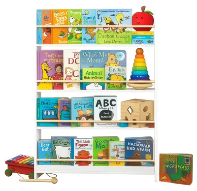 Image de Étagère pour livres pour enfants avec 4 niveaux et étagère à jouets | Blanc et bois naturel | 80 x 12 x 100 cm
