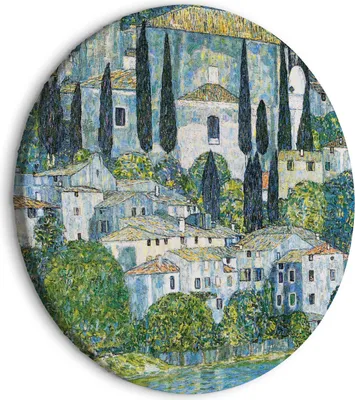 Produktbild von Italienischer Leinwand Rundes Bild - Church in Cassone, Gustav Klimt - German Architecture by the River 40x40 cm Reproduktionen l-G-10031-bc-a