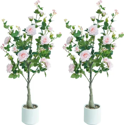 Immagine prodotto di Albero di rose artificiale - Pianta artificiale in vaso - Set da 2 pezzi - Altezza 120 cm - Albero decorativo fiorito per interni - Decorazione da pavimento - Rosa chiaro