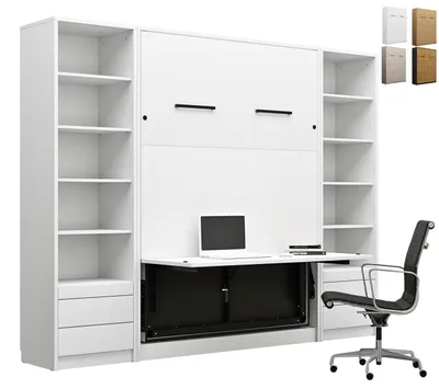 Produktbild von Schrankbett Wandbett Klappbett vertikal GN 140x200 mit Schreibtisch LED und 2 Regalen Weiß