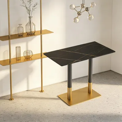 Produktbild von Gastronomiemöbel, Esstisch, Cafétisch, Sintersteinplatte, Metallbeine, Schwarz-Gold, rechteckiger Tisch 120×60×75 cm /Y-HBJ-120/
