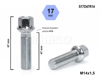 Obrázok produktu pre Skrutka kolesa M14x1,5x47 guľa R14, kľúč 17, S17D47R14 výška 67