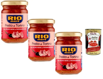 Produktbild von Rio Mare Pesto al Tonno mit schwarzen Oliven & Peperoncino 3x130g würzige Thunfisch Pastasauce aus Italien Vorratspack + Italian Gourmet polpa