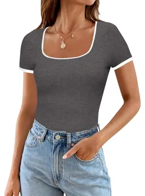 Produktbild von Damen Bluse T-Shirt Kurzarm Gerippt Casual Slim Fit Grau S