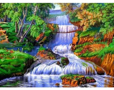 Produktbild von Diamantmosaik-Bild "Brücke über einen Wasserfall im Wald", 30x40 cm, kreative Diamanten