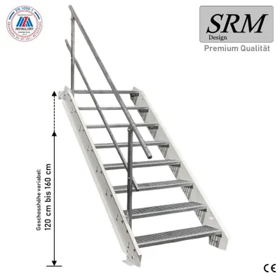 Zdjęcie produktu dla 8 stopni schodów stalowych białych szerokość 90 cm wysokość kondygnacji 120 - 160 cm 1x poręcz