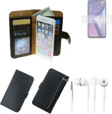 Produktbild von TOP SET Handy Hülle Schutz Hülle kompatibel mit Oppo A12s  schwarz aus Kunstleder + Kopfhörer Smartphone Tasche vollwertige Geldbörse  K-S-Trade®