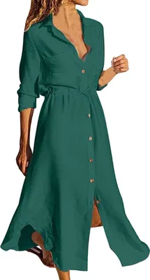 Produktbild von ASKSA Damen Freizeitkleider Sommer Knopf Langarm Shirtkleid Lockeres Solides Midi Kleid mit Kordelzug, Grün, L