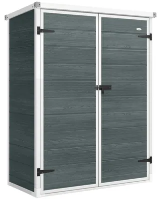 Image de Abri de jardin en plastique, verrouillable, avec étagères rabattables | Couleur : Gris | Dimensions : 134 x 68,5 x 170 cm