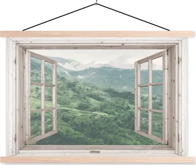 Produktbild von MuchoWow® Textilposter Aussicht - Berg - Holz 60x40 cm mit holzfarbenen Rahmen - Bilder