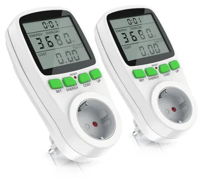 Image de Ensemble de 2 appareils de mesure de la consommation d'énergie Arendo pour prise électrique, avec écran, mesurant la consommation en kWh, la puissance en watts et les coûts. Capacité de charge jusqu'à 3680 watts. Compteurs d'électricité, 2 pièces, de couleur blanche