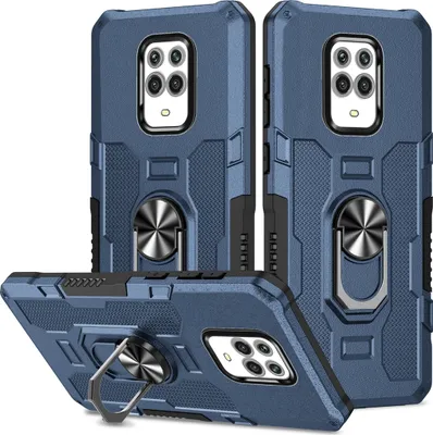 Multiple views of a blue phone case with a ring holder.