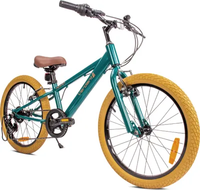 A teal colored bicycle with tan tires and a brown seat is shown against a white background.