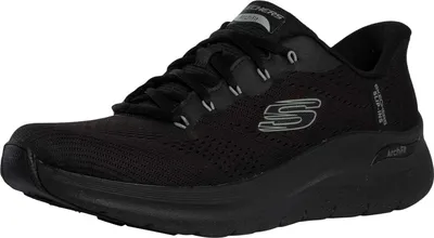 A black Skechers Slip-Ins Arch Fit 2.0 Lestur-Trainer shoe is shown from a side-diagonal angle against a white background.